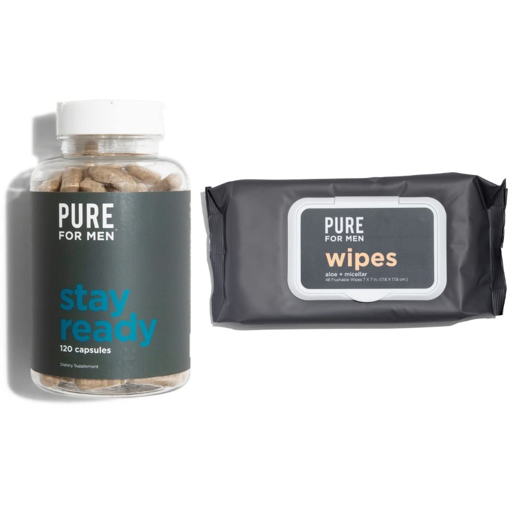 Pure for Men Original Vegan Propreté Fiber Supplément, 120 Capsules, Eco-Responsable Stay Ready Wipes avec Micellar et Aloe (48 comte)