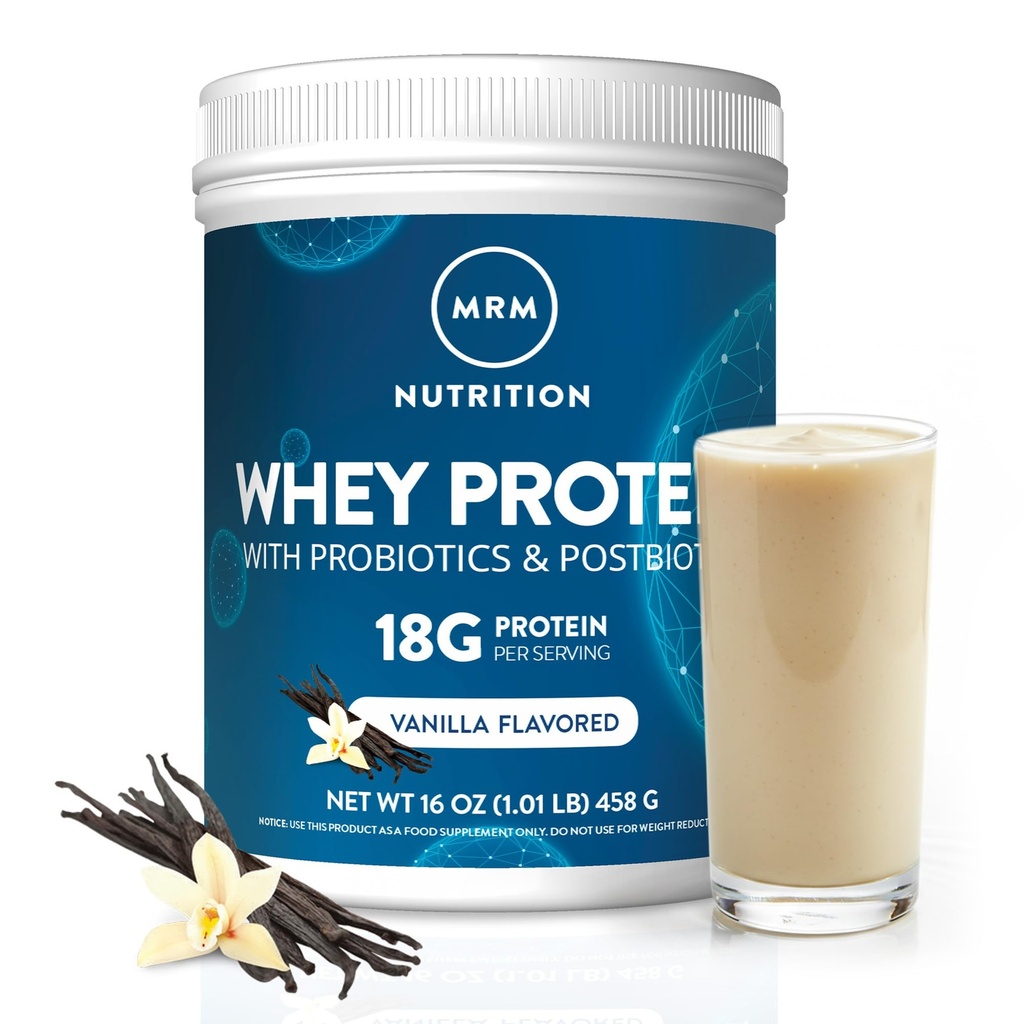 MRM Nutrition Whey Protein - Vanilla Flavored, Microfiltered Whey Protein Isolate & Concentrate, 16 Different Probiotic Strains, BCAAs, & Digestive Enzymes, Gluten Free, for Women & Men - 17 Servings