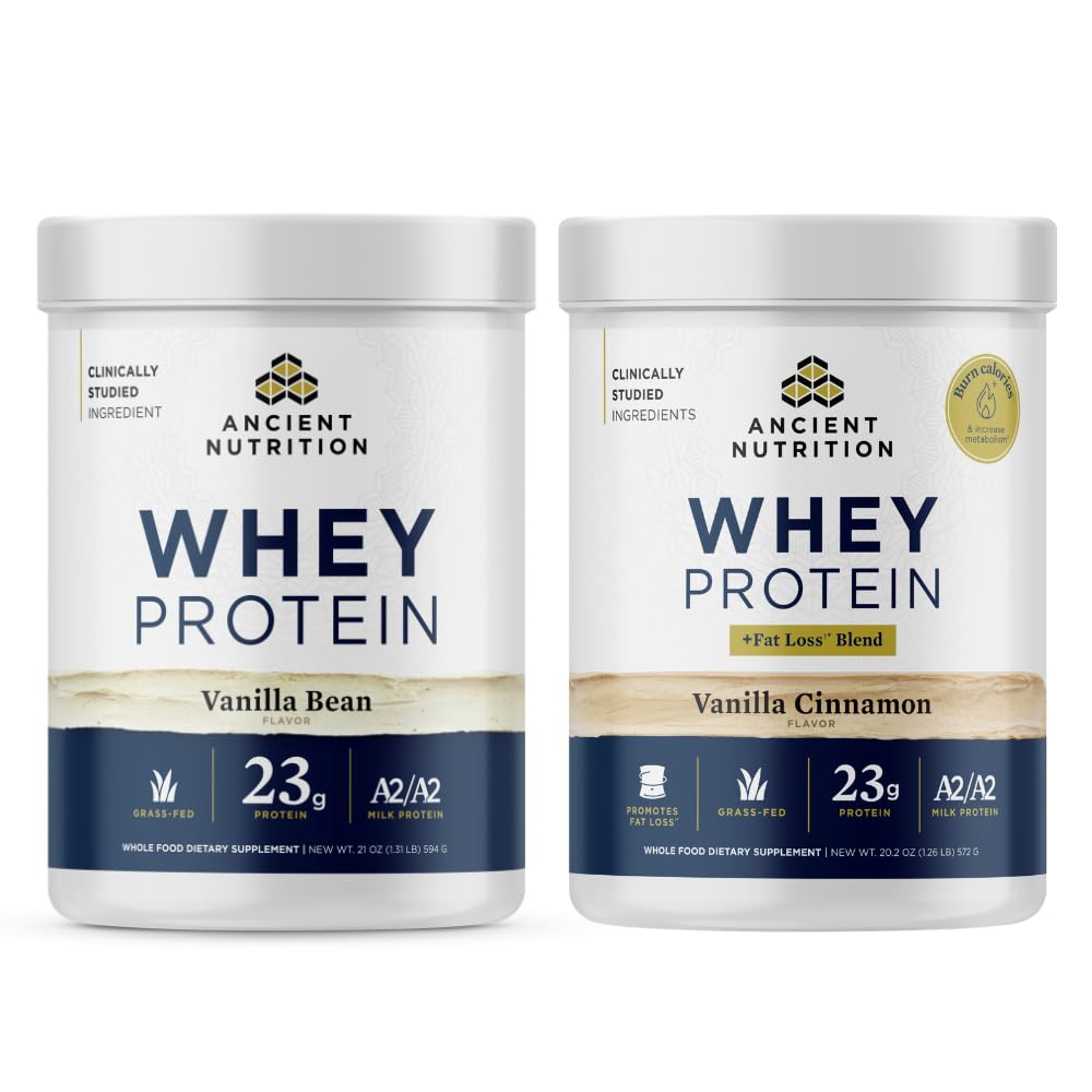 Ancient Nutrition Grass-fed Whey Protein Powder, Vanilla Bean, 20 Servings + Grass-fed Whey + Fat Loss Protein Powder, Vanilla Cinnamon, 18 Servings