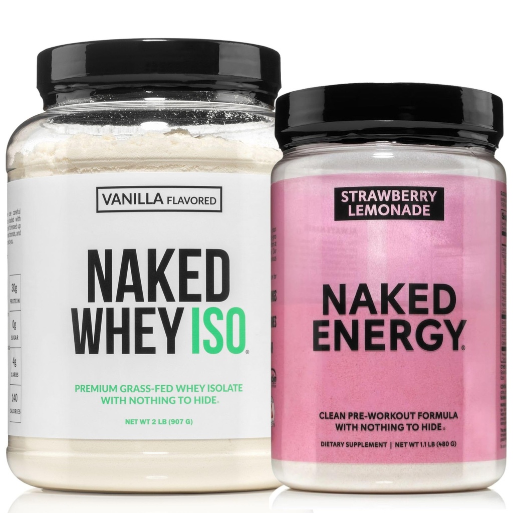 NAKED Vanilla Whey Isolate Protein Powder (24 Servings) Strawberry Lemonade Energy Pre Workout (30 Servings) – Grass-Fed; Non-GMO; Gluten Free; Soy Free; Vegan Friendly