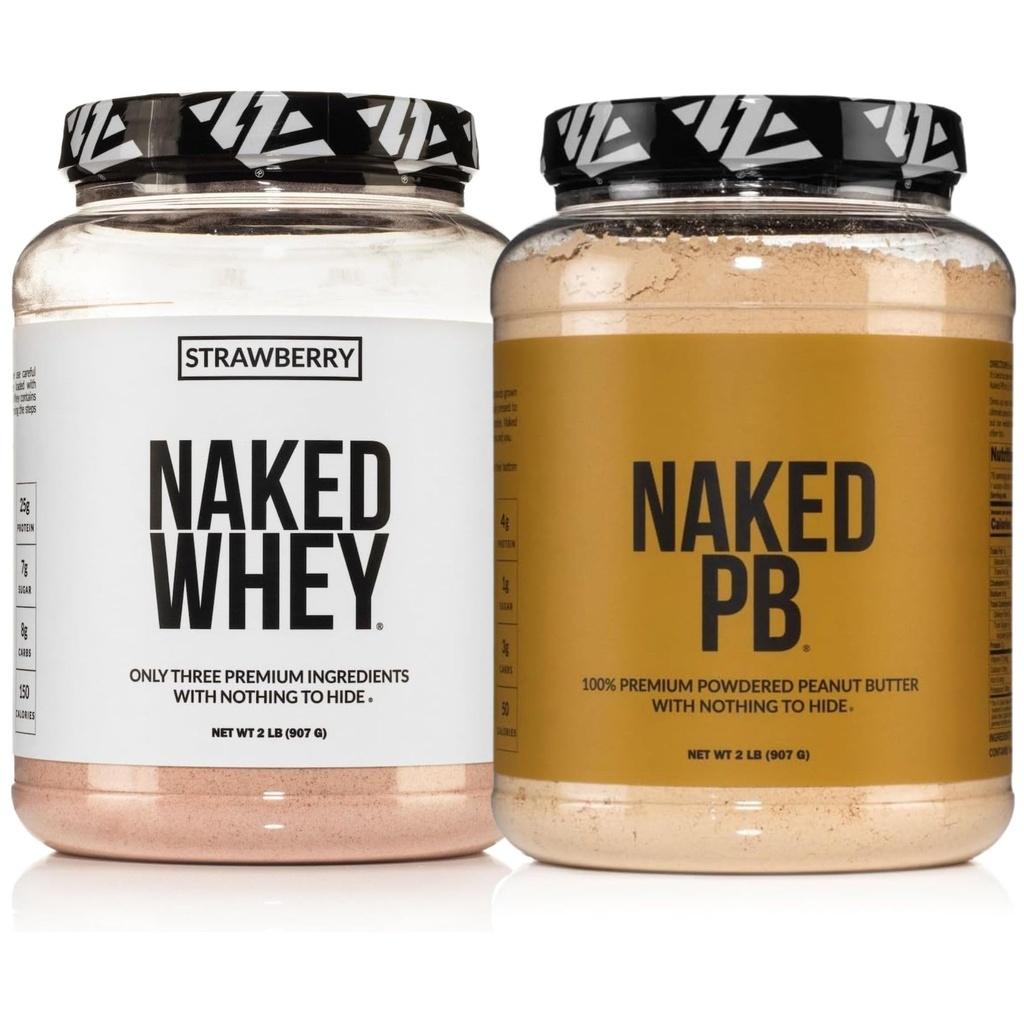 NAKED Strawberry Whey Protein Powder (24 Servings) PB Powdered Peanut Butter 2LB (76 Servings) – Grass-Fed; Bulk; Non-GMO; Gluten Free; Soy Free; Vegan
