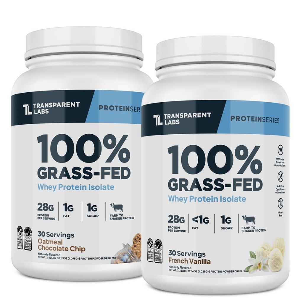 Transparent Labs Grass-Fed Whey Protein Isolate (30 Servings, French Vanilla) & Grass-Fed Whey Protein Isolate (30 Servings, Oatmeal Chocolate Chip Cookie)