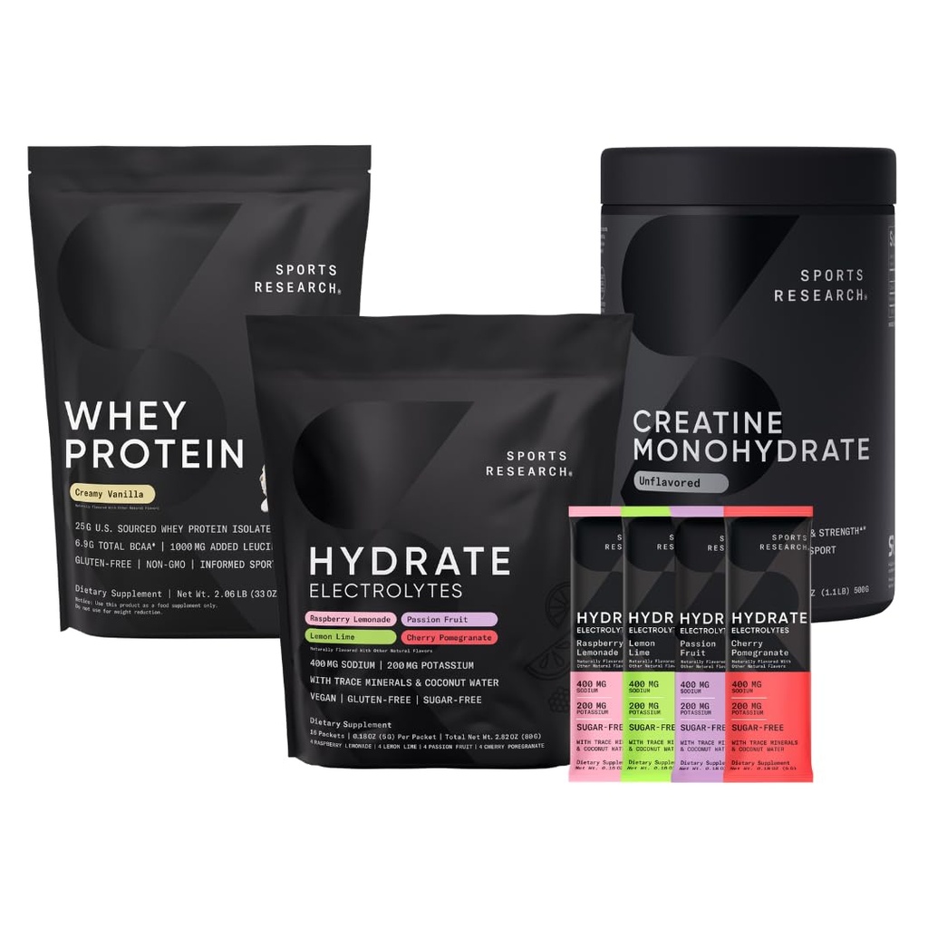 Sports Research® Whey Protein Isolate Vanilla Flavored (2.1 lb), Variety Pack Hydrate Electrolytes Powder Packets (16 Count) and Creatine Monohydrate (1.1 lb)