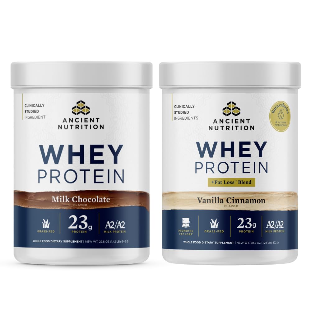 Ancient Nutrition Grass-fed Whey Protein Powder, Milk Chocolate, 20 Servings + Grass-fed Whey + Fat Loss Protein Powder, Vanilla Cinnamon, 20 Servings