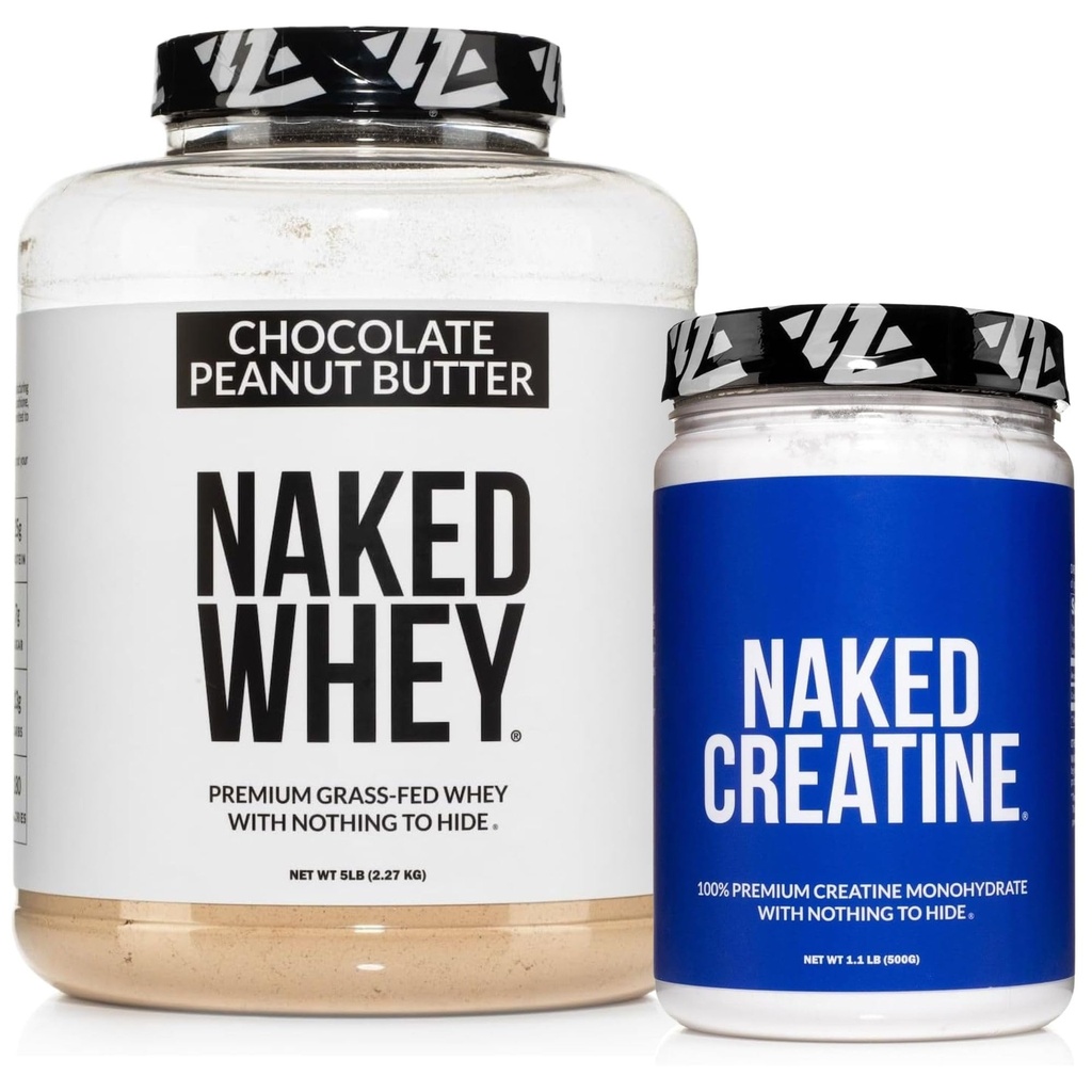 NAKED Whey Chocolate Peanut Butter Protein Powder (52 Servings) + Pure Micronized Creatine Monohydrate 500g (100 Servings) Bundle – Grass-Fed; Non-GMO, Gluten Free, Soy Free