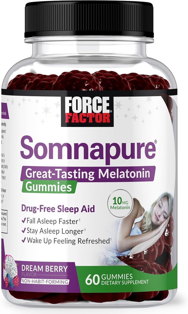 FORCE FACTOR Somnapure Gummies con Melatonin 10 mg per adulti, non-Habit-Forming, aiuto naturale del sonno per sonno profondo, soggiorno Asleep più lungo, sveglia rinfrescato, Dream Berry Flavor, 60 conte (pacchetto di 1)