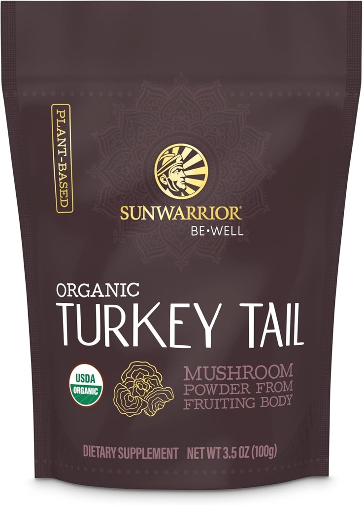 Sunwarrior Organic Turkey Tail Mushroom Powder | Turkey Mushroom Supporto immunitario | Microbiome Gut Health Support | 50 Servings 100g Pouch | Be Well