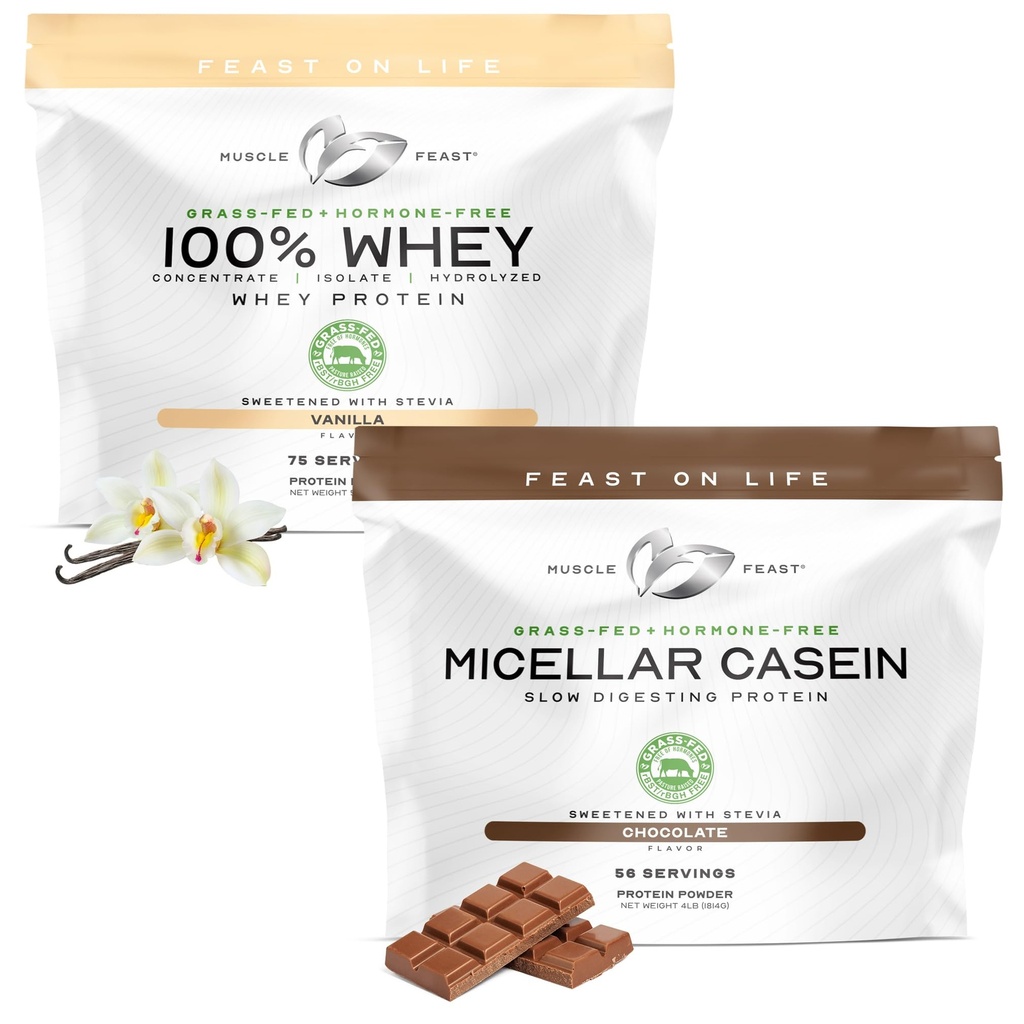 Muscle Feast 100% Whey Concentrate, Isolate, & Hydrozlyed Blend - Vanilla 5lb (x1) and Micellar Casein Protein Powder - Chocolate 4lb (x1) - Grass Fed, All Natural, Hormone-Free Whey Protein
