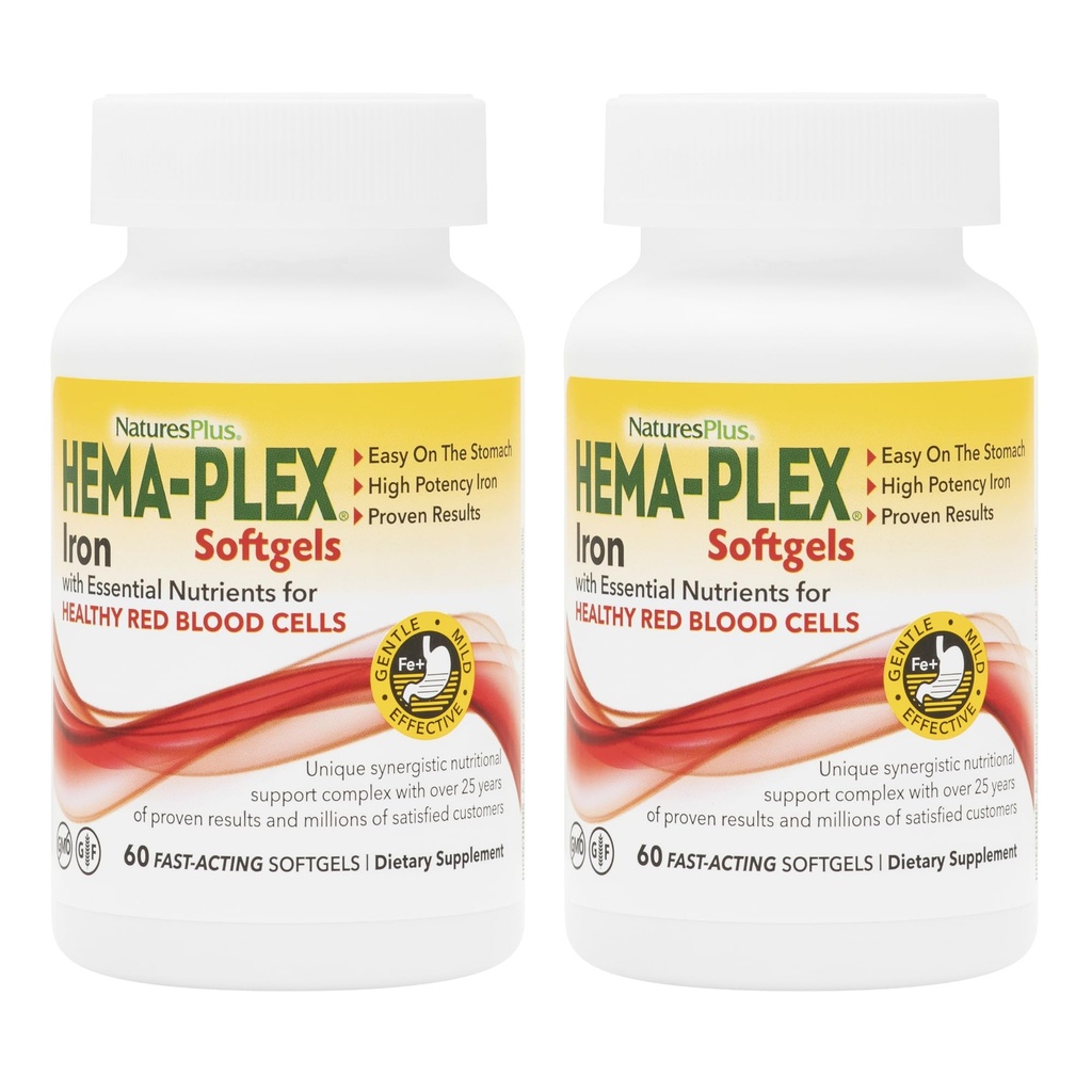 NaturesPlus Hema-Plex Iron - 60 Fast-Acting Softgels - 2 Pack - 85 mg Eisen + Vitamin C & Bioflavonoide für gesunde rote Blutkörperchen - Vegan, Glutenfrei - 40 Gesamt Servierungen