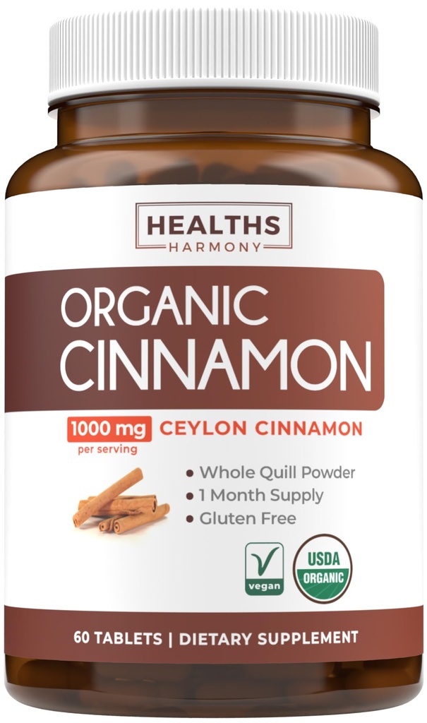 USDA Organic Ceylon Cinnamon Pillole - High Potency Ceylon Cinnamon Supplemento con 1000 mg per porzione per il supporto antiossidante del corpo intero - Vegan Non OGM cGMP Made & Lab verificato (1 Mese di alimentazione)