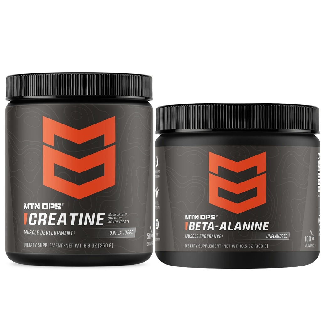 MTN OPS Kreatin Monohydrat & Beta Alanine Performance Stack – Stärke, Power & Muskel Endurance Support – Pre Workout & Training Recovery Bundle