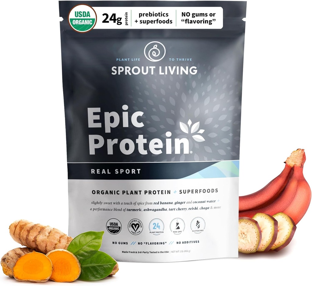 Sprout Living, Epic Protein, Plant Based Protein & Superfoods Powder, Real Sport | 24 Gramm Bio-Proteinpulver, Erholung, Vegan, Non Dairy, Non-GMO, Glutenfrei, Low Sugar (1 Pfund, 12 Portionen)
