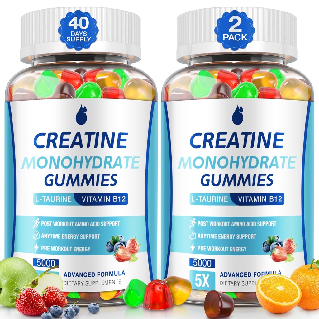 Creatine Gummies für Männer und Frauen - Kreatin Monohydrate Gummi 5g, Muskelaufbau, Energie-Boost & Pre-Workout-Ergänzung, Low Sugar Taurine Kaubare Gummy 2 Pack
