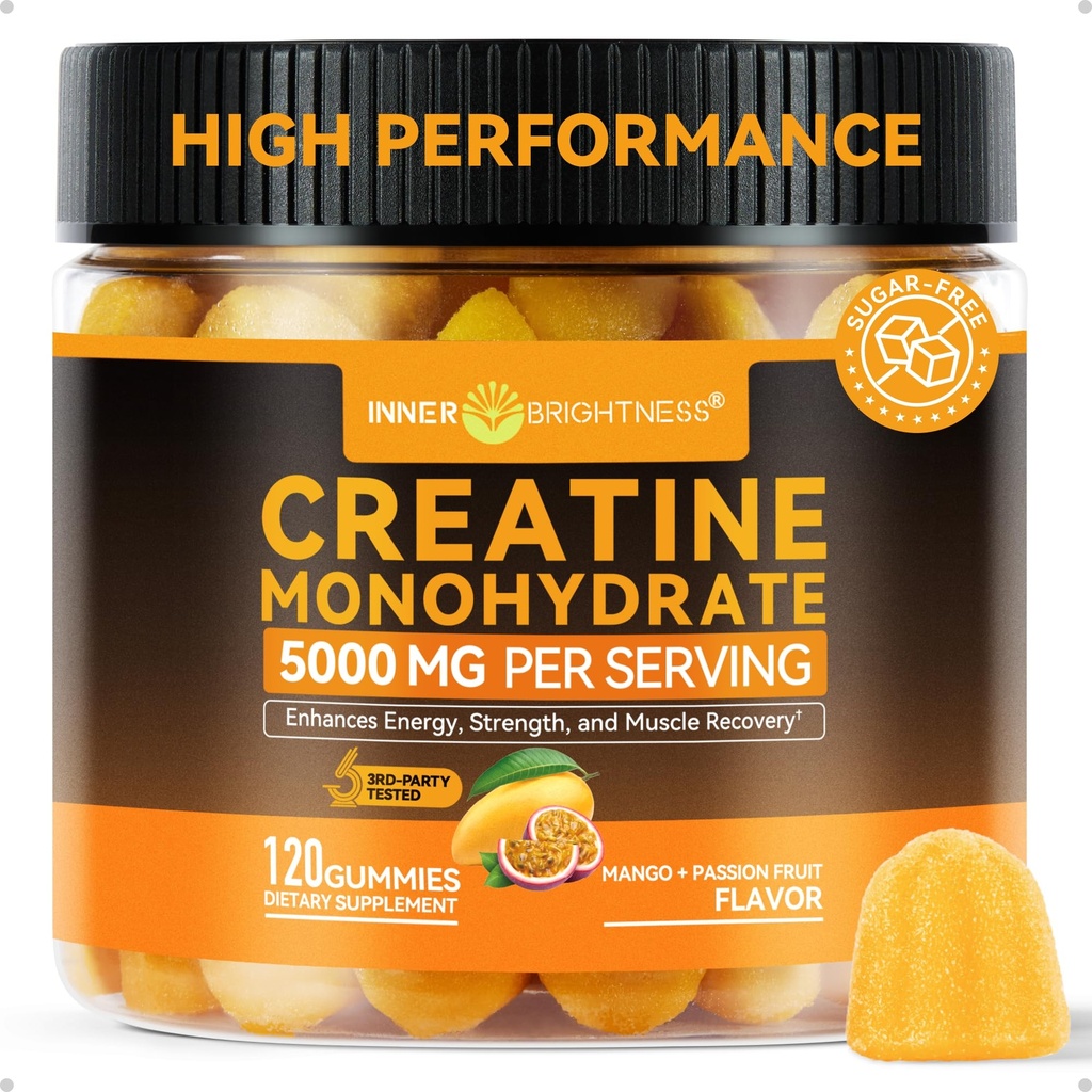 Innere Helligkeit Kreatin Monohydrate Gummie für Männer & Frauen 5000 mg, 3. Partei Getestet, Kreatin Chews für Muskelwachstum, Stärke & Energie Unterstützung, Sugar Free, Vegan, 120 Count, Mango Passionfruit