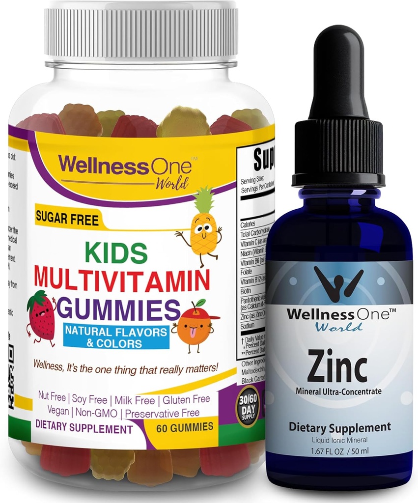 WellnessOne Liquid Zinc & Kids Multivitamin Gummies - Great Duo to Boost Energy, Immunity & Your Kids.