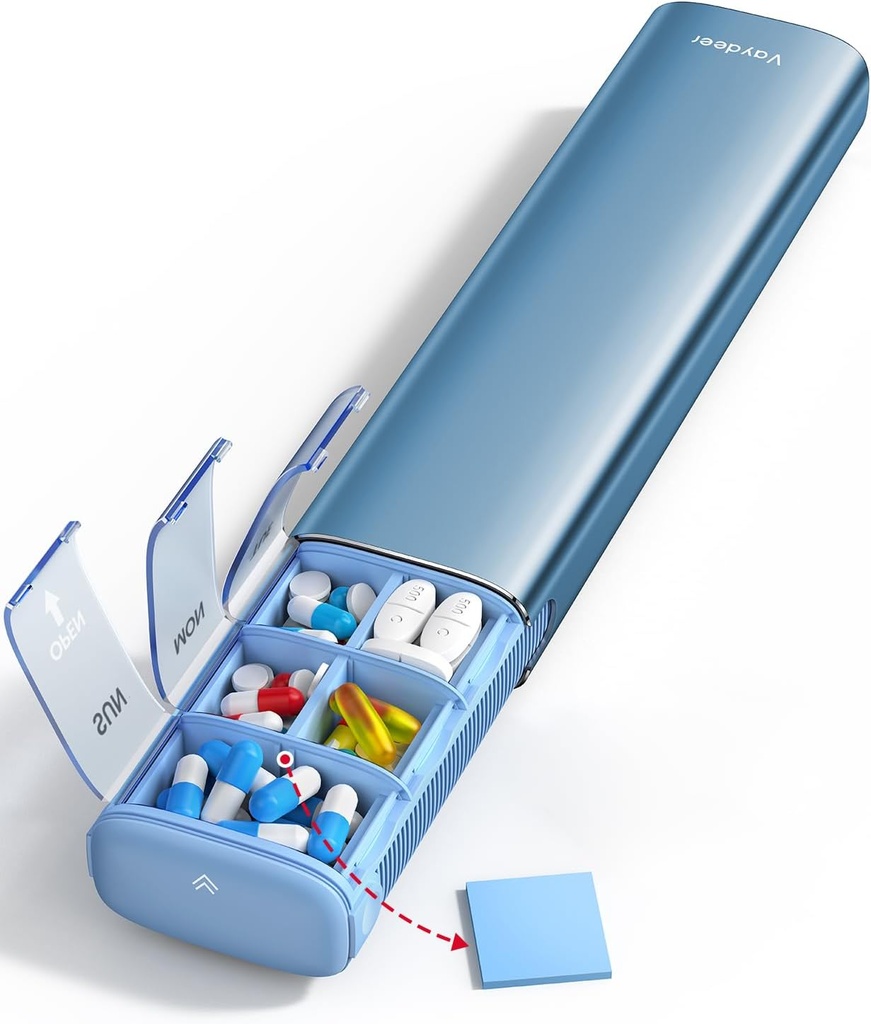 Vaydeer 7 Tage Wöchentliche Pille Organizer (Support 2 mal pro Tag), Metall Reise Pille Fall, große Kapazität Täglich süße Pille Box für Ergänzungen, Pillen, Vitamine und Medikamente (Blau)