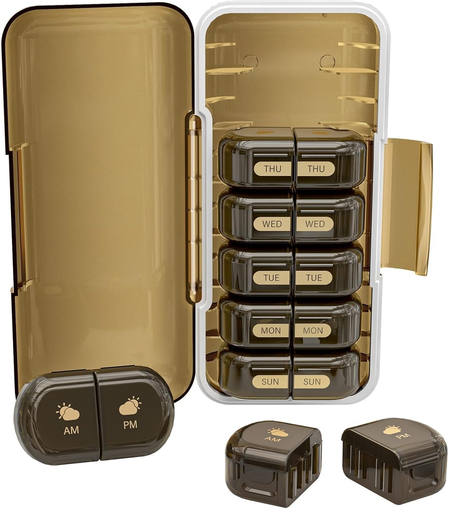 Wöchentliche Pille Organizer 2 Mal pro Tag, Moisture-Proof, Detachable Compartments, AM PM Pill Box 2X 7 Tage, Reise Pille Organizer für Pillen/Fish Oil/Medication/Vitamin/Supplements (Brown)
