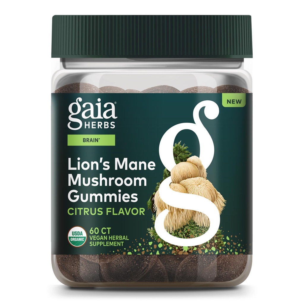 Gaia Herbs Lion's Mane Mushroom Gummies - Brain Support Supplement* - Made with Organic Lion's Mane Mushrooms - Free from Gluten, Soy & Dairy - 60 Vegan Gummies (30 Servings)