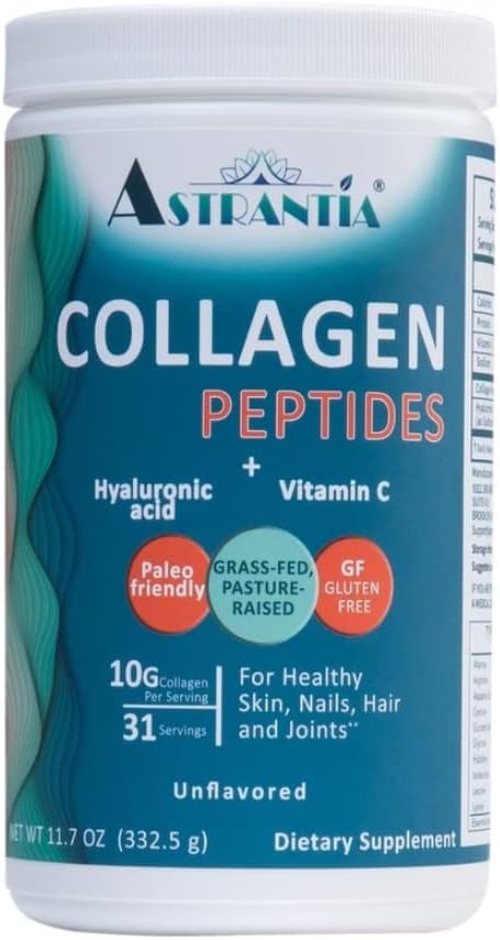 ASTRANTIA Poudre de peptides de collagène, collagène non aromatisé avec acide hyaluronique et vitamine C pour ongles, peau, cheveux et articulations sains