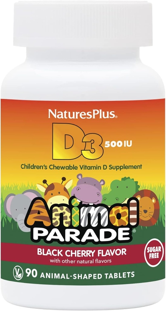 Natures Plus Animal Parade Sugar-Free Kinder Vitamin D3-500 IU - Schwarze Kirsche Flavor - 90 Chewable Animal Shaped Tablets - Knochen Gesundheit und Immunsystem Unterstützung - 90 Servierungen