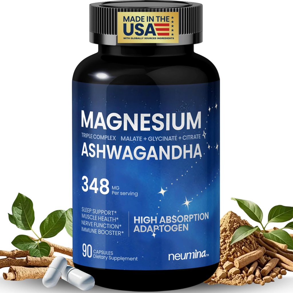 Magnesium Ashwagandha Complex | High-Absorption Multi Magnesium Supports Stress Relief, Sleep, Muscle & Heart Health | Vegan, Non-GMO, Gluten-Free, Made in USA, 90 Capsules(45-Day Supply)