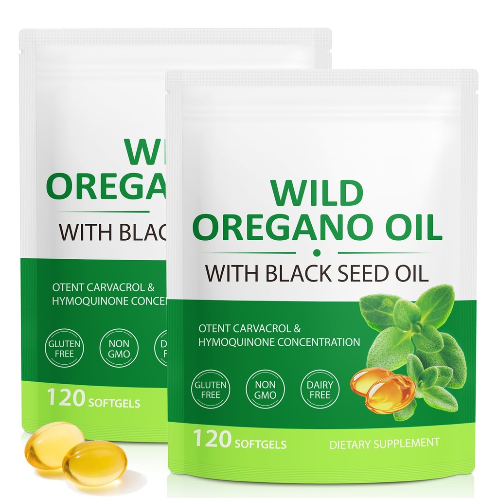 Öl von Oregano Softgels 6000mg, 2 in 1 Formuliert mit schwarzem Seedöl 200mg, Immununterstützung, Oregano Öl Kapseln Bio, Natürliche Verteidigungsergänzung, Non-GMO, einfach zu schwalben, 240 Softgels
