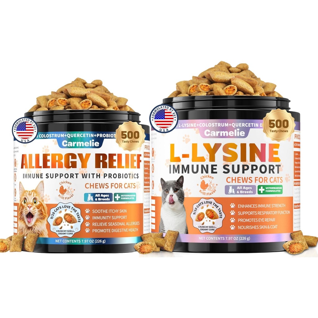 Cat Allergy Relief & Lysine Treats Bundle, 500 Allergy Chews + 500 Lysine Immune Support Chews – Itchy Skin Relief, Immune & Respiratory Support – Chicken & Krill Flavor
