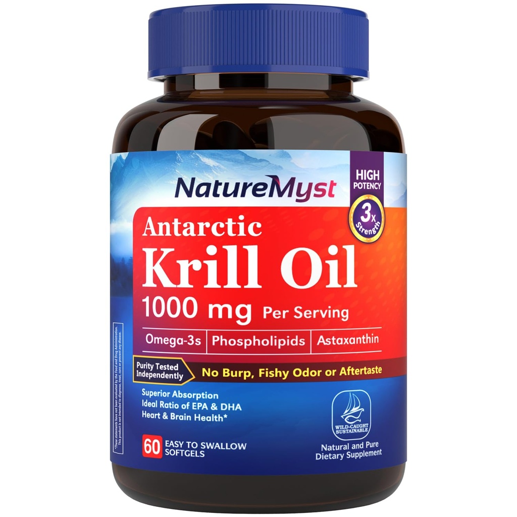 Olio di Krill 1000mg, Omega 3s, DHA, EPA, Astaxantina e Phospholipids, per il cervello, cuore e salute immunitaria, Non OGM, No Gusto Pesceso, Assorbimento Superiore, 60 Softgels