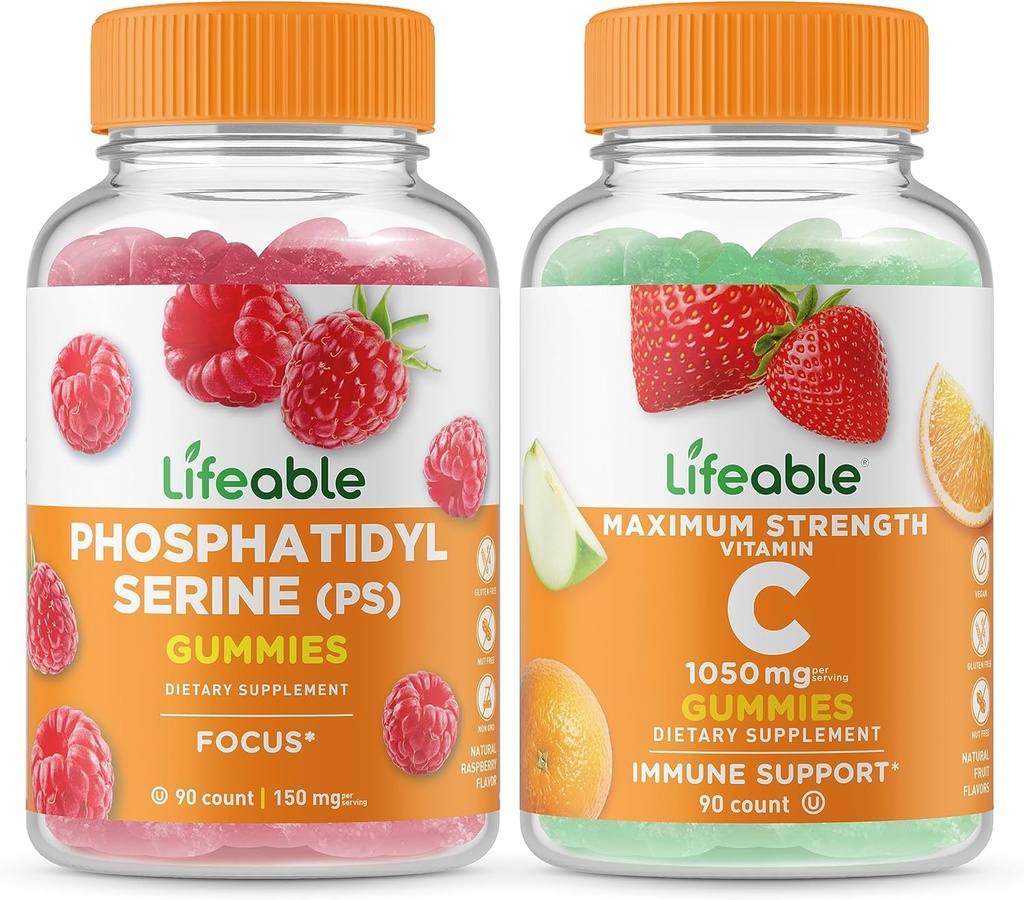 Lebensfähiges Phosphatidylserin (PS) + Vitamin C 1050mg, Gummis Bundle - Große Verkostung, Vitaminergänzung, Glutenfrei, GMO frei, Kaugummi