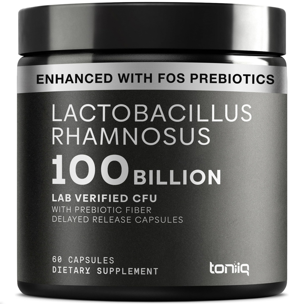 Toniiq Lactobacillus Rhamnosus – Ultra High Strength 100B CFU mit präbiotischer FOS – Delayed Release Kapseln – Labor von Drittanbietern getestet – 60 Kapseln