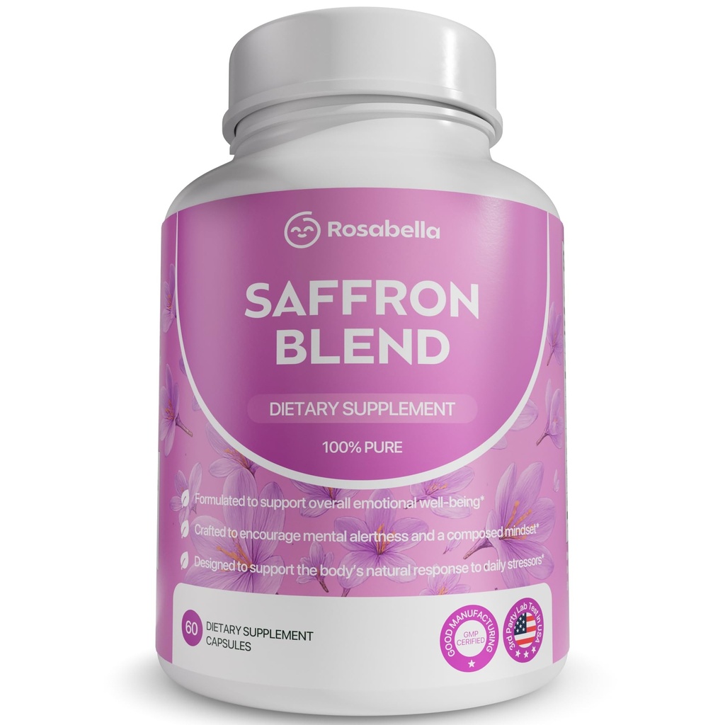Rosabella Saffron Blend Supplement for Men & Women – Saffron, B6, Magnesium & Herbal Extract Capsules – Supports Mood, Focus & Clarity – Non-GMO, Gluten-Free – 60 Capsules – 30-Day Supply