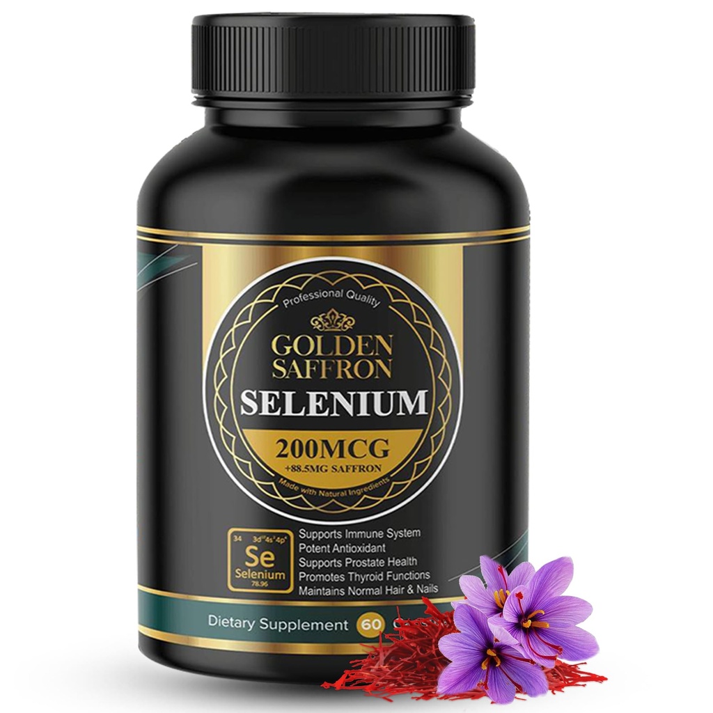 Goldenes Safran-Selen (200mcg Selen & 88,5 mg Safran-Extrakt) - zur Unterstützung der allgemeinen Gesundheit, GVO-frei, glutenfrei, frei von Milchprodukten, mit einzigartiger und fortschrittlicher Formel - Made in USA & Tasteless.