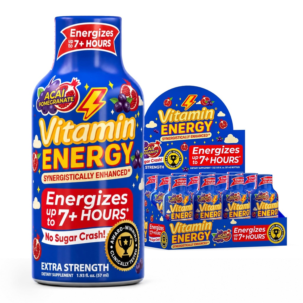 Vitamin Energy B12 11.000% Extra Strength Energy Shot Açaí Pomegranate 12 Pack, 260mg Natural Caffeine, B12 & B6, Nootropic Focus, Vitalität, Zero Sugar, Gluten-Free, Vegan, Kosher, 1.93 fl oz