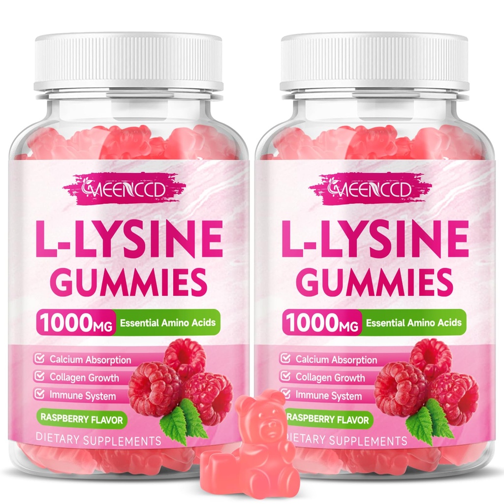 2 Pack L-Lysine 1000mg Gummies, Supplément Lysine pour Adultes et Enfants, Acide Amino Essentiel pour Lèvres et Santé Orale, Boost Immune & Collagène & Calcium, Sans Sucre, Arôme de framboise, 120 Compte