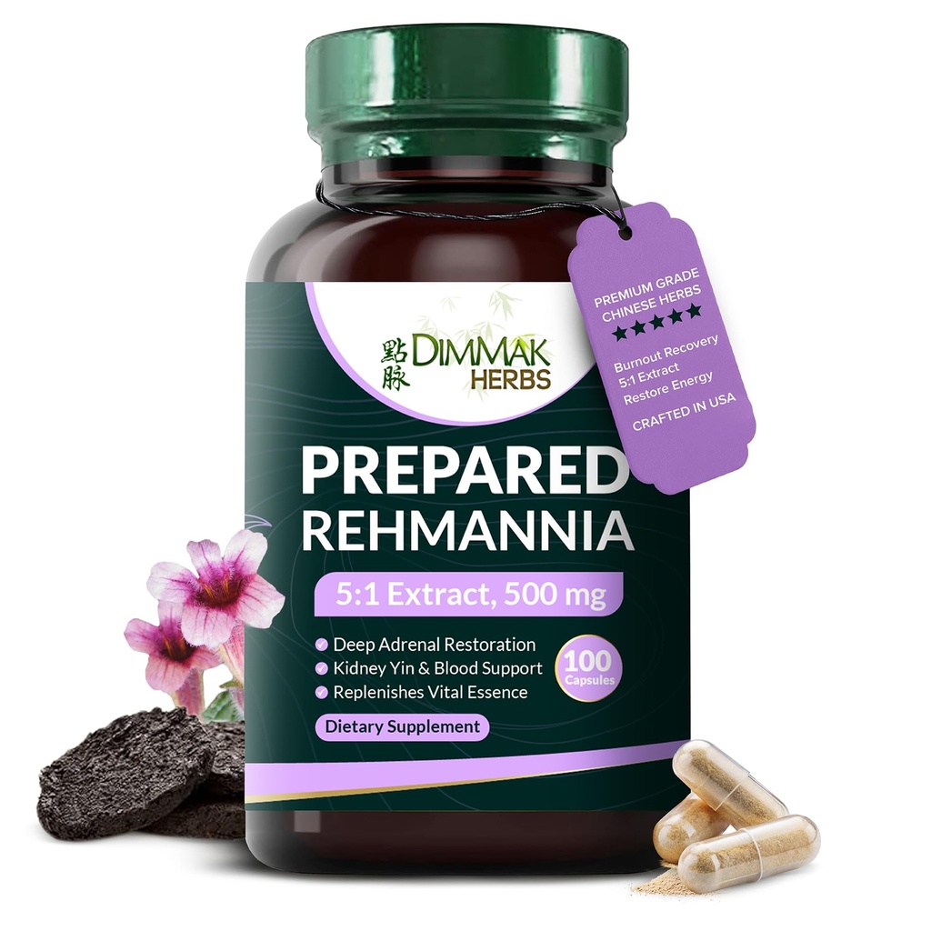 Dimmak Erbe preparate Rehmannia Root Capsule (Shu Di Huang)- 5:1 Estratto organico- Adrenale ad alta potenza & Kidney Yin Tonico- Support Menopausa, Sonno & Vitalità- Non OGM Vegan, 500mg
