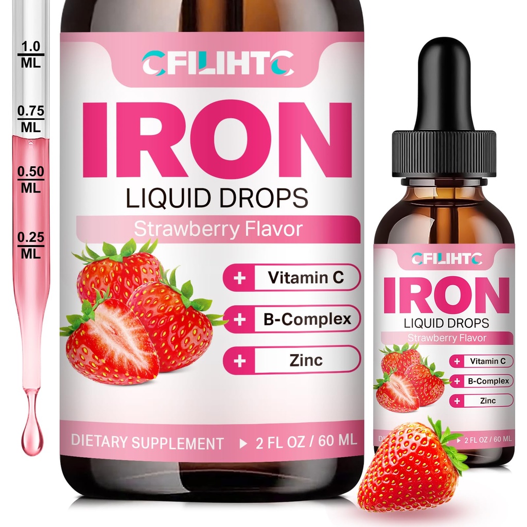 Supplemento di ferro liquido per le donne uomini e bambini gocce di ferro multivitaminico con Folate, vitamina C, B6, B12, zinco per l'anemia, carenza di ferro, Costruttore di sangue, energia - aroma di fragola naturale, Vegan 2 Fl Oz