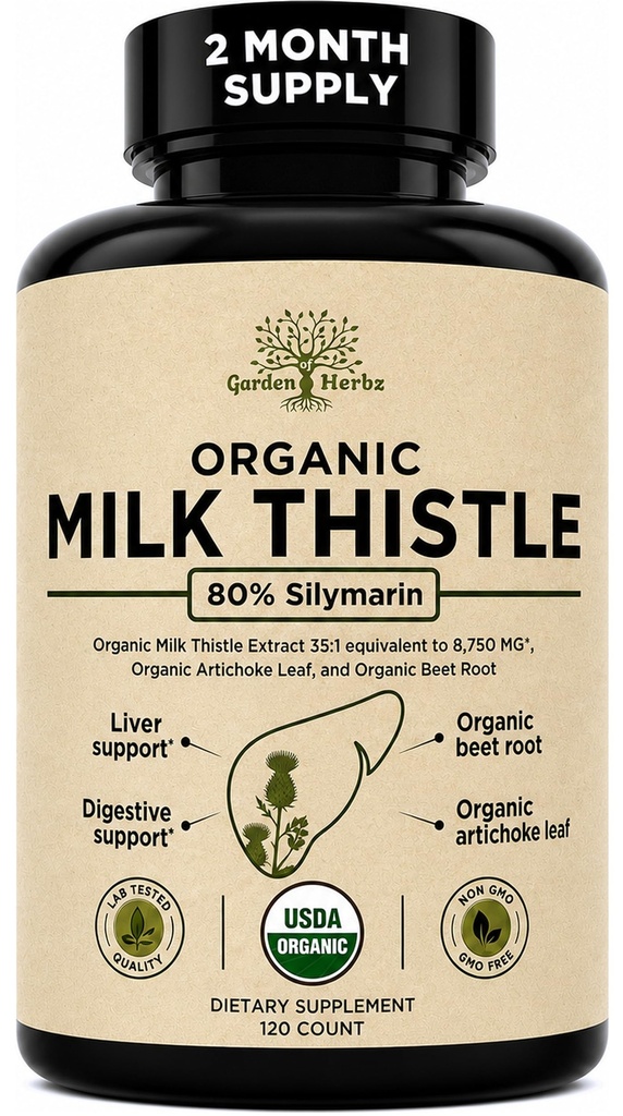 USDA Organic Milk Thistle Liver Detox Supplement 80% Silymarin, 250 mg mit Rübenwurzel & Artichoke Extrakt für Leberunterstützung & Verdauung, Made in USA, 120 Kapseln (2 Monate Versorgung)