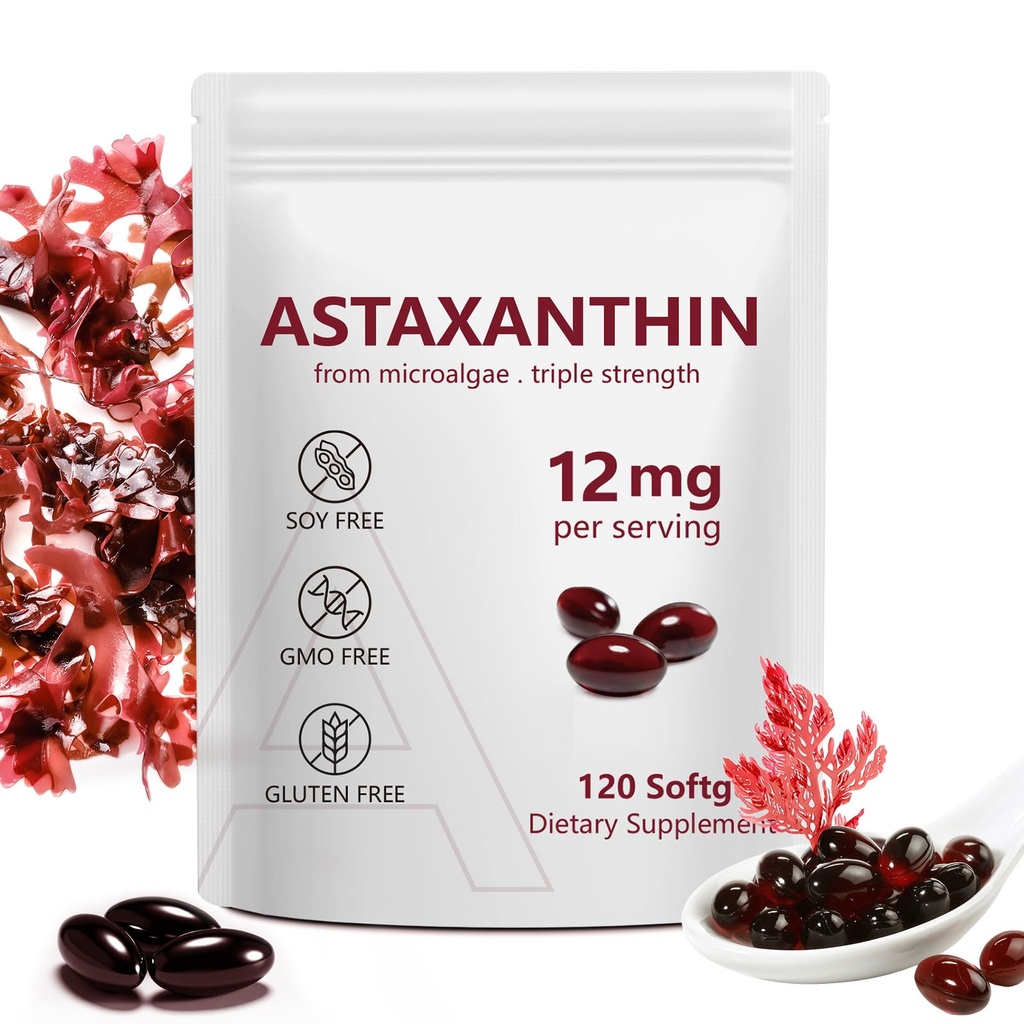 Astaxanthin Supplements 12mg 120 Softgels, Premium Astaxanthin Antioxidant Supplements, Dreifache Stärke Hautvitamine mit antioxidativer Aktivität, Unterstützt Augen-, Gelenk-, Gehirn-, Herz- und Immunsystem (1) (1)