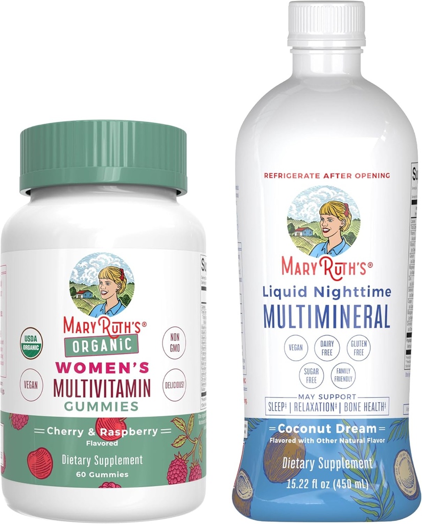 MaryRuth's Multivitamin Gummie für Frauen (Strawberry) & Liquid Nighttime Multimineral (Pineapple) | Clean Label Project Verified® | USDA Organic & Vegan | Beauty, Bedtime Routine, & Gesamtgesundheit