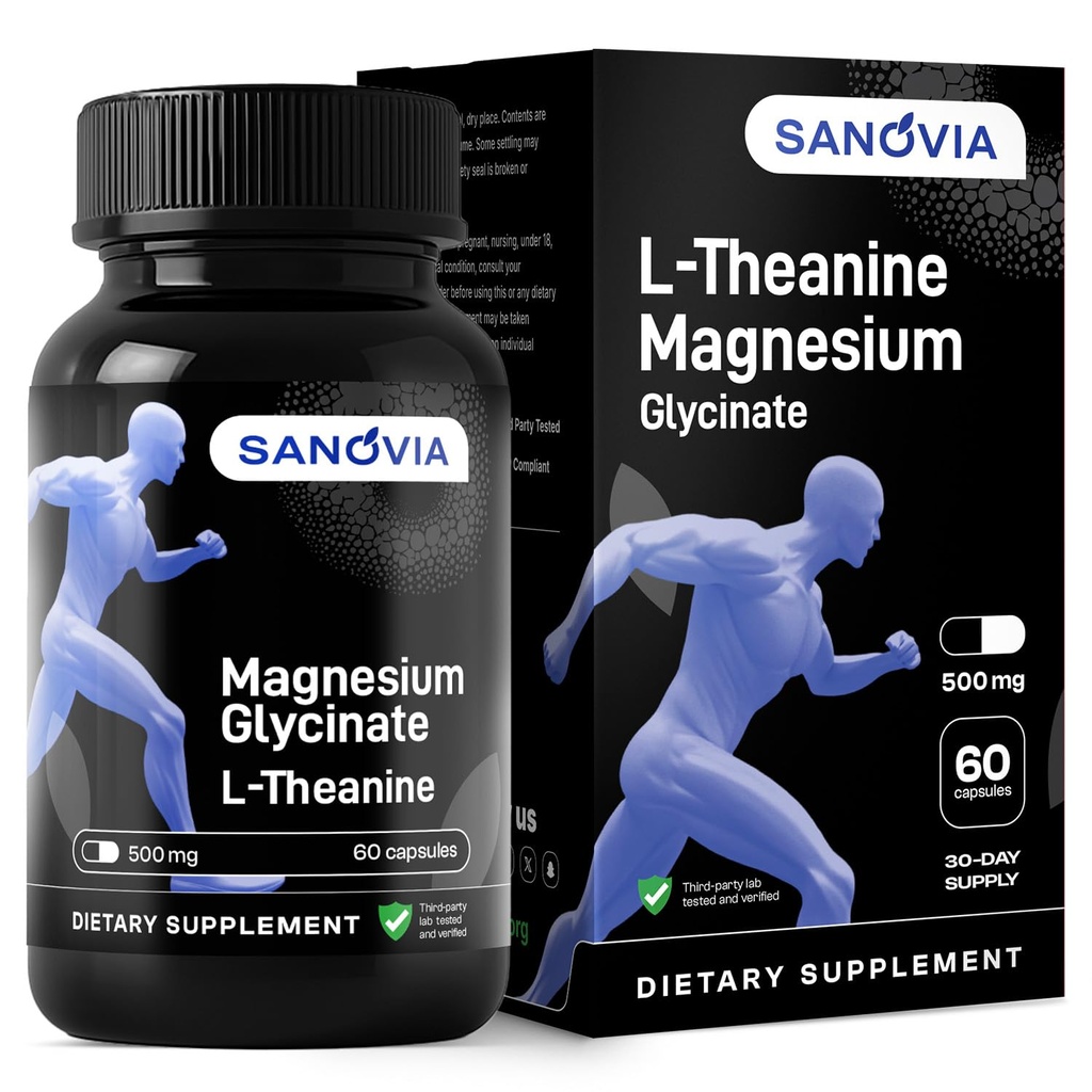 SANOVIA Magnesium Glycinate Sleep Support Supplement with L-Theanine, Chamomile & Melatonin Calm Nighttime Relax Formula, 150mg Elemental Magnesium, 200mg L-Theanine, 60 Vegan Capsules
