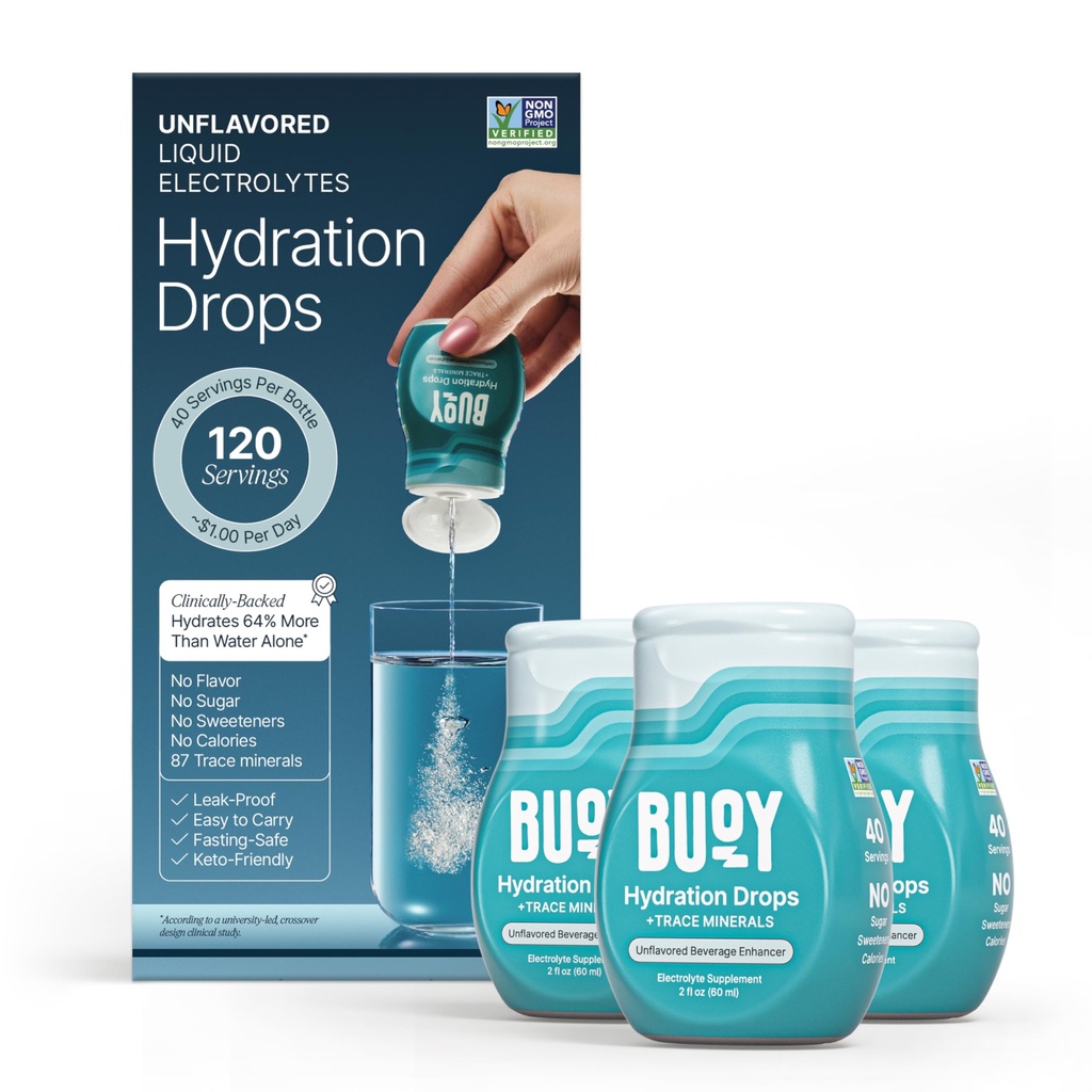 Buoy Electrolyte Drops | 120 Servings | No Sugar, No Sweeteners | 87+ Trace Minerals, Vitamins & Antioxidants | Subtle Mineral Taste | Hydration Supplement - Unflavored 3 Pack