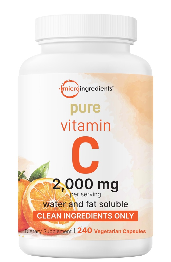 Vitamine pure C 2 000mg, 240 Capsules de Véggie.Formes solubles de graisse et d'eau hautement biodisponibles.