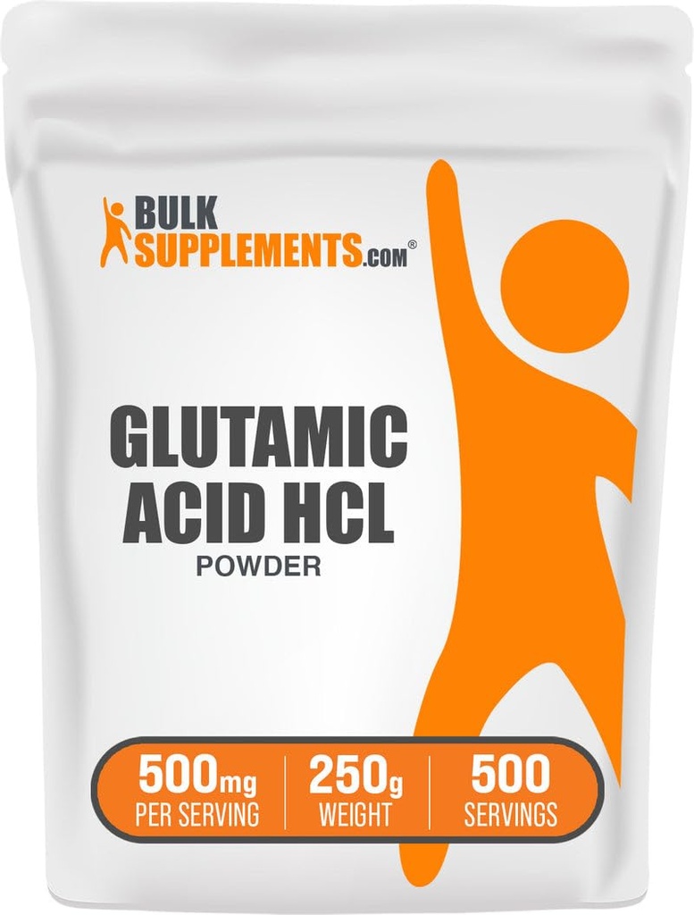BulkSupplements.com L-Glutamic Acid HCl Powder - Amino Acid Supplement, Glutamate Supplement - for Gut Health, Glulten Free, 500mg per Serving, 250g (8.8 oz) (Pack of 1)
