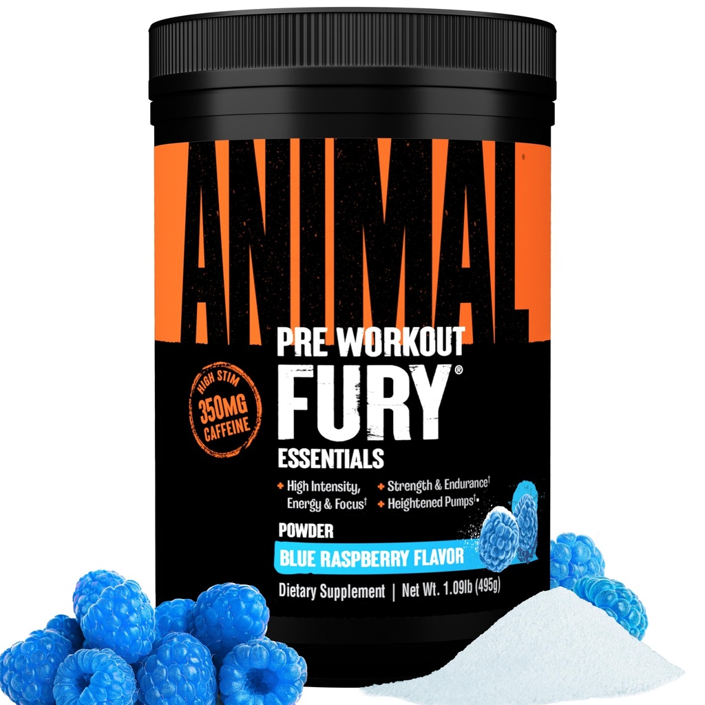 Animal Fury - Pre Workout Pulver Ergänzung für Energie und Fokus - 5g BCAA, 350mg Koffein Stickstoffmonoxid ohne Kreatin - Leistungsstarke Stimulanz für Bodybuilder - Blau Himbeer