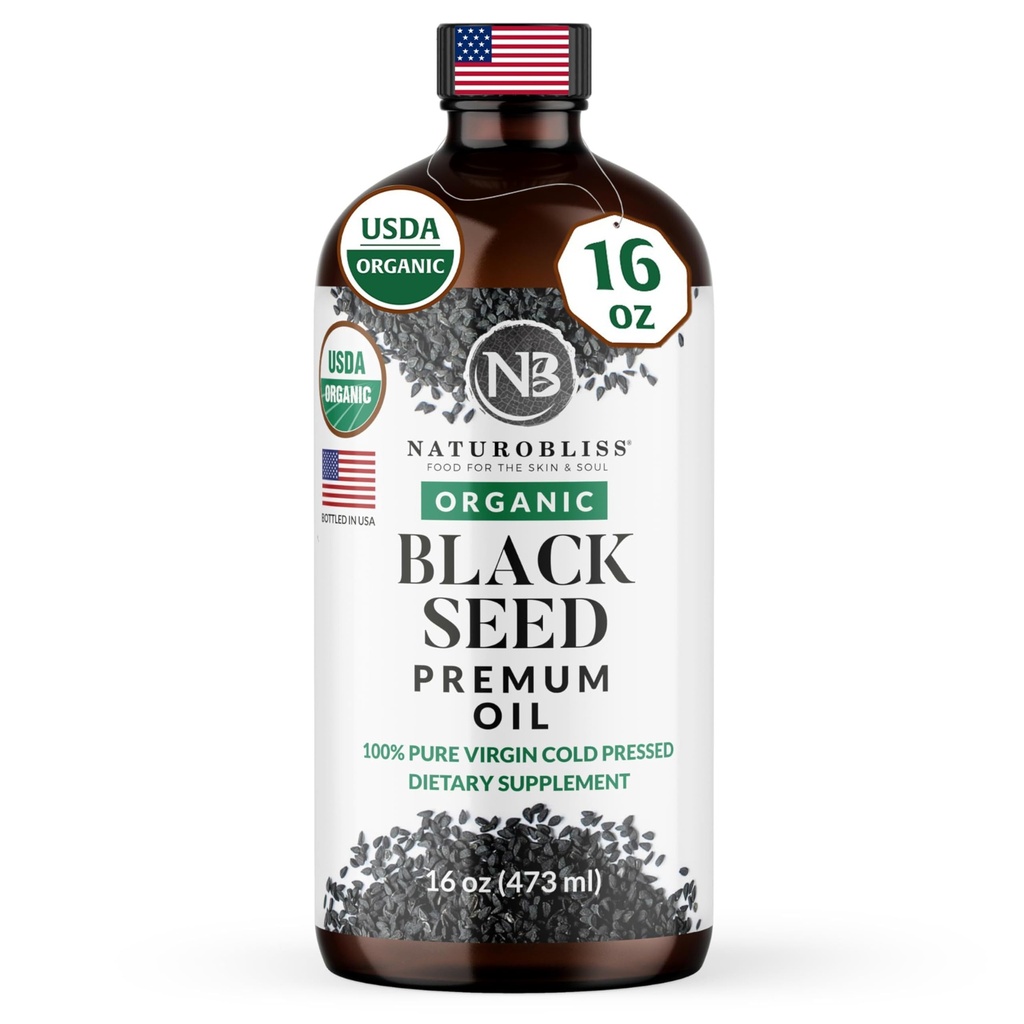 NaturoBliss Organic Black Seed Oil 100 Virgin Cold Pressed in Glasflasche Omega 3 6 9 Super Antioxidant Immune Support Joints Mobility Digestion Haarhaut Vegan Glutenfrei NonGMO USDA Certified 16oz