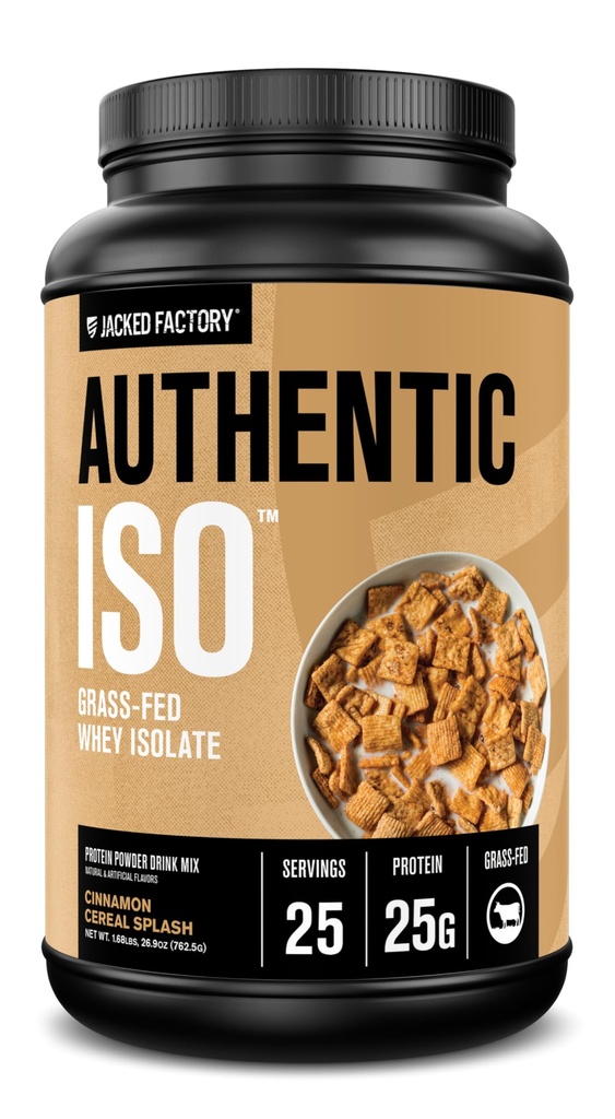 Jacked Factory Authentic ISO Grass Fed Whey Protein Isolate Powder - Low Carb, Non-GMO Muscle Building Protein w/No Fillers, Post Workout Recovery, Cinnamon Cereal Splash - 25 Servings