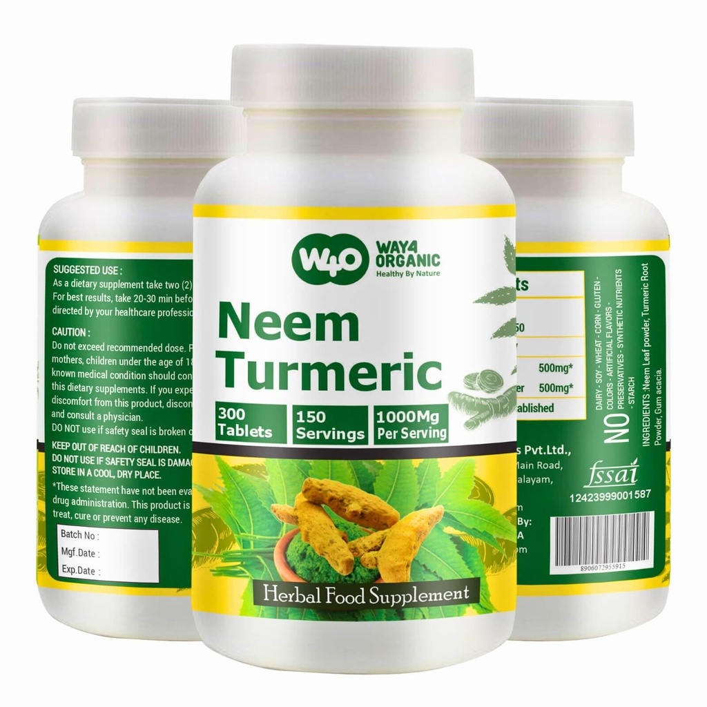 Neem Turmeric Capsules(Tavolette) - Tavolette Indica ad alta potenza Azadirachta, Foglie Neem e Turcum in Pari Ratio - 300 Compresse, 150 Serve, 1000 Mg. Confezione da 1.