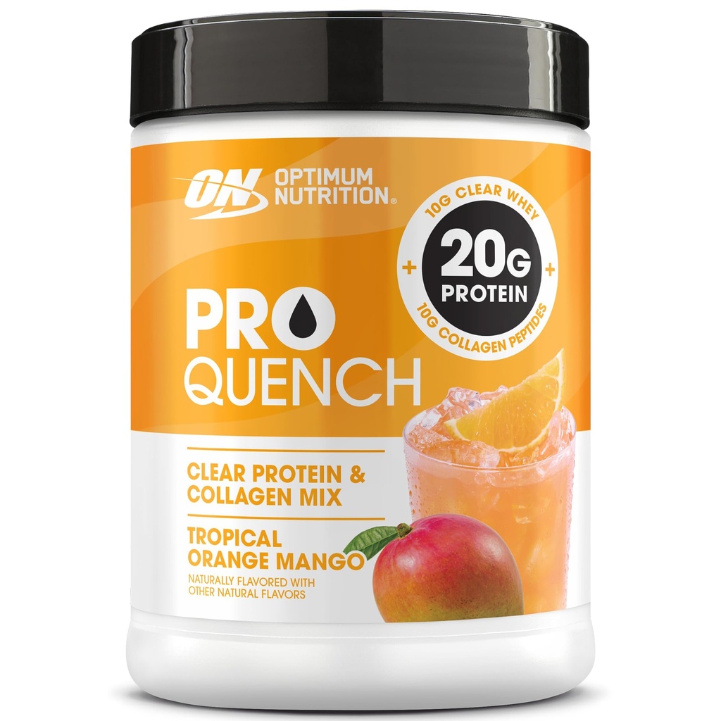 Optimum Nutrition Pro Quench, 10g Clear Protein, 10g Collagenpeptide & Electrolyte Powder Drink Mix, Tropical Orange Mango, 20 Portionen, 520 Gramm (Verpackung kann variieren)