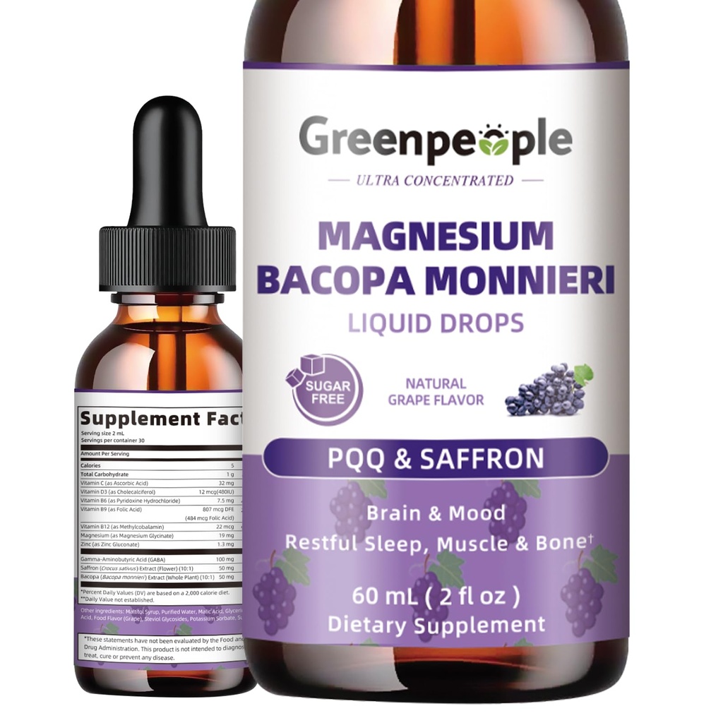 GREENPEOPLE Magnesium Glycinate Liquid Drops - 4-in-1 High Absorption Liquid Magnesium for Sleep with Saffron, GABA & Bacopa | Fast-Acting, Bone, Muscle & Sleep | Sugar-Free Grape Flavor, 2fl Oz Vegan
