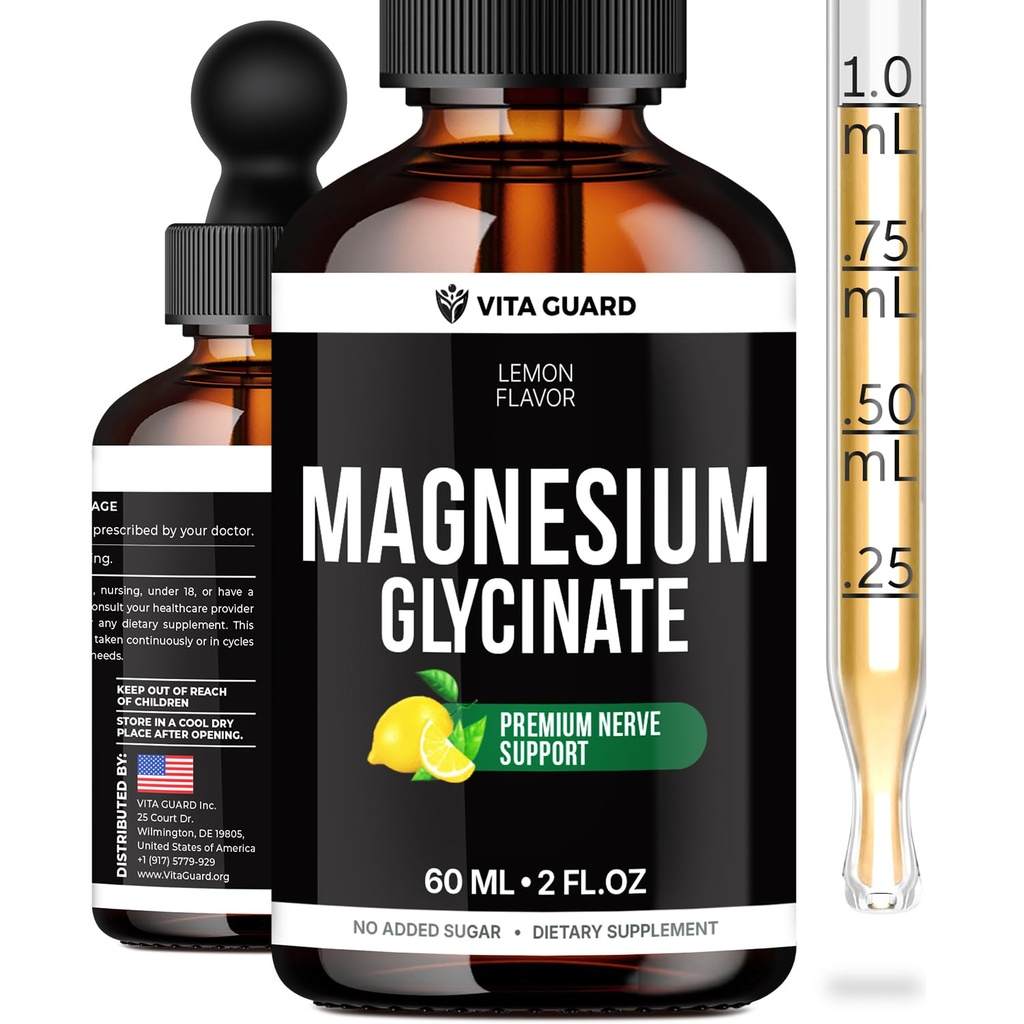 Vita Guard Magnesium Glycinate 500mg Liquid Drops | High-Absorption Liquid Magnesium for Relaxation, Sleep Support & Muscle Wellness | Sugar-Free, Vegan, Non-GMO Magnesium Supplement